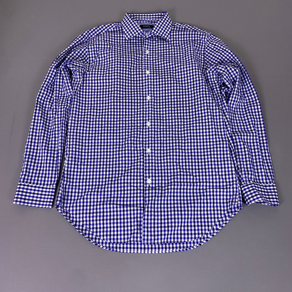 Esquire‎ Dress Shirt Men's 15.5 32/33 Slim Fit Non Iron Blue White Gingham Check